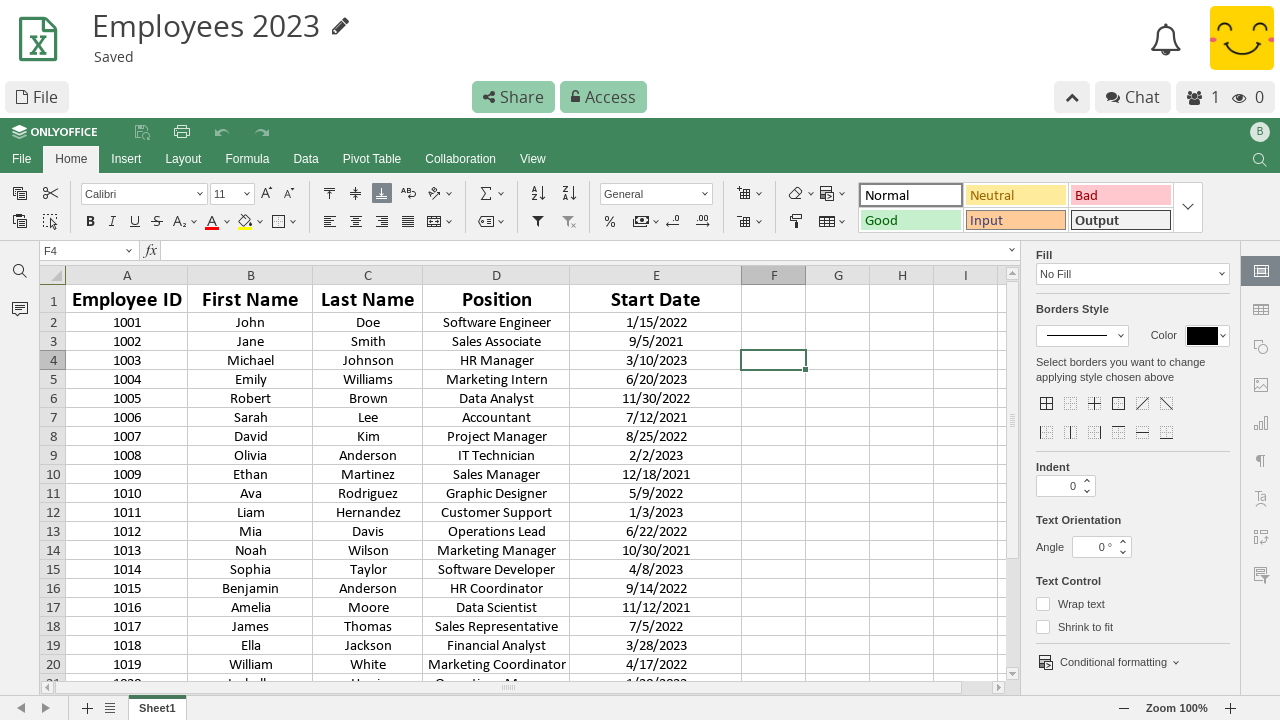 preview of the Sheet application